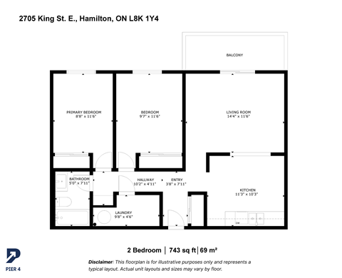 Floor plan for 2 beds, 1 bath